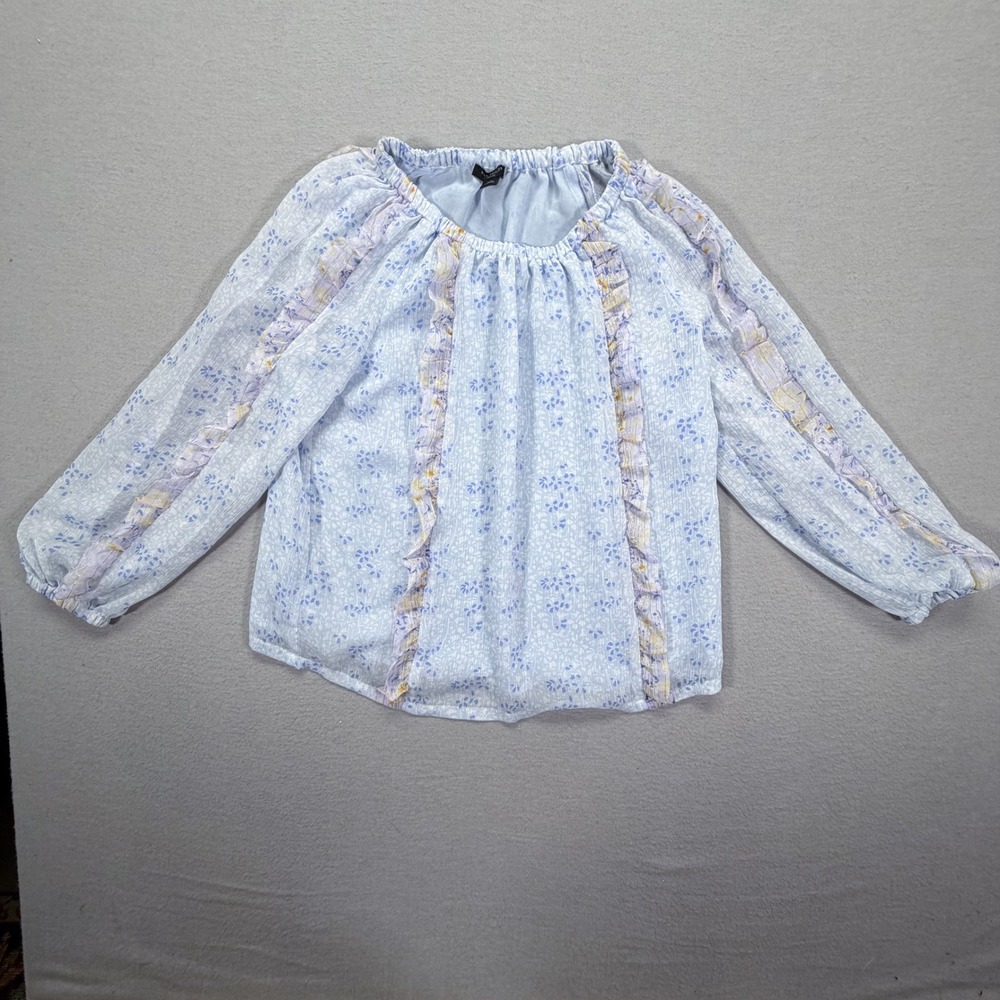 Ann Taylor Womens Blouse Regular Blue Floral Ruffle Metallic XSP
